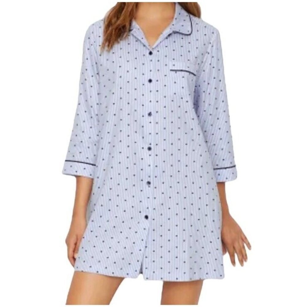KATE SPADE New York Sateen Blue White Striped Heart Print Woven Sleep Shirt XS